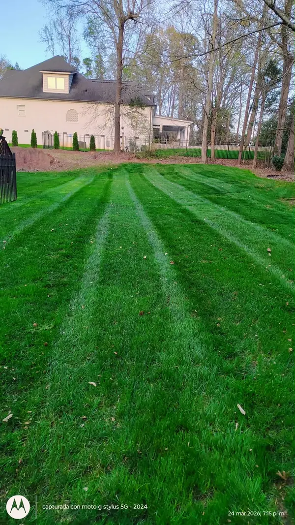 Backyard lawn mowed in stripes by Pastor Landscaping